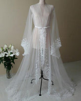 white v neck tulle long sleeved bridal boudoir robe with 3d flowers